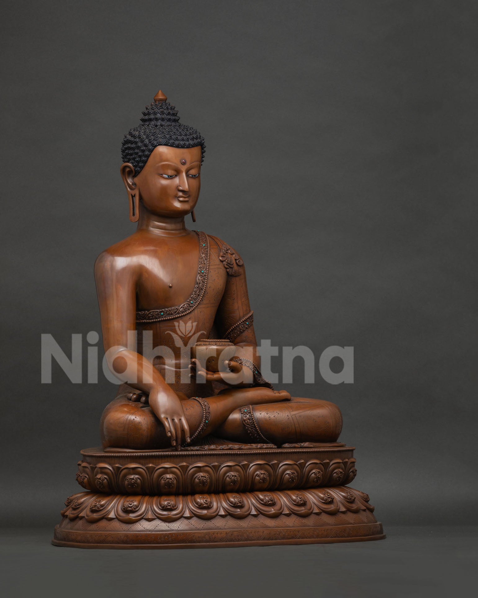 Right Side View of Oxidized Copper Shakyamuni Buddha Statue