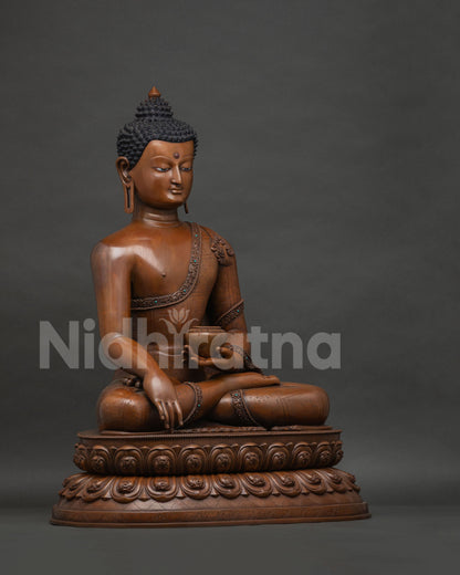 Right Side View of Oxidized Copper Shakyamuni Buddha Statue