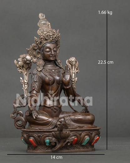 Right side view of oxidized Green Tara Statue handcrafted Buddhist art from Nepal