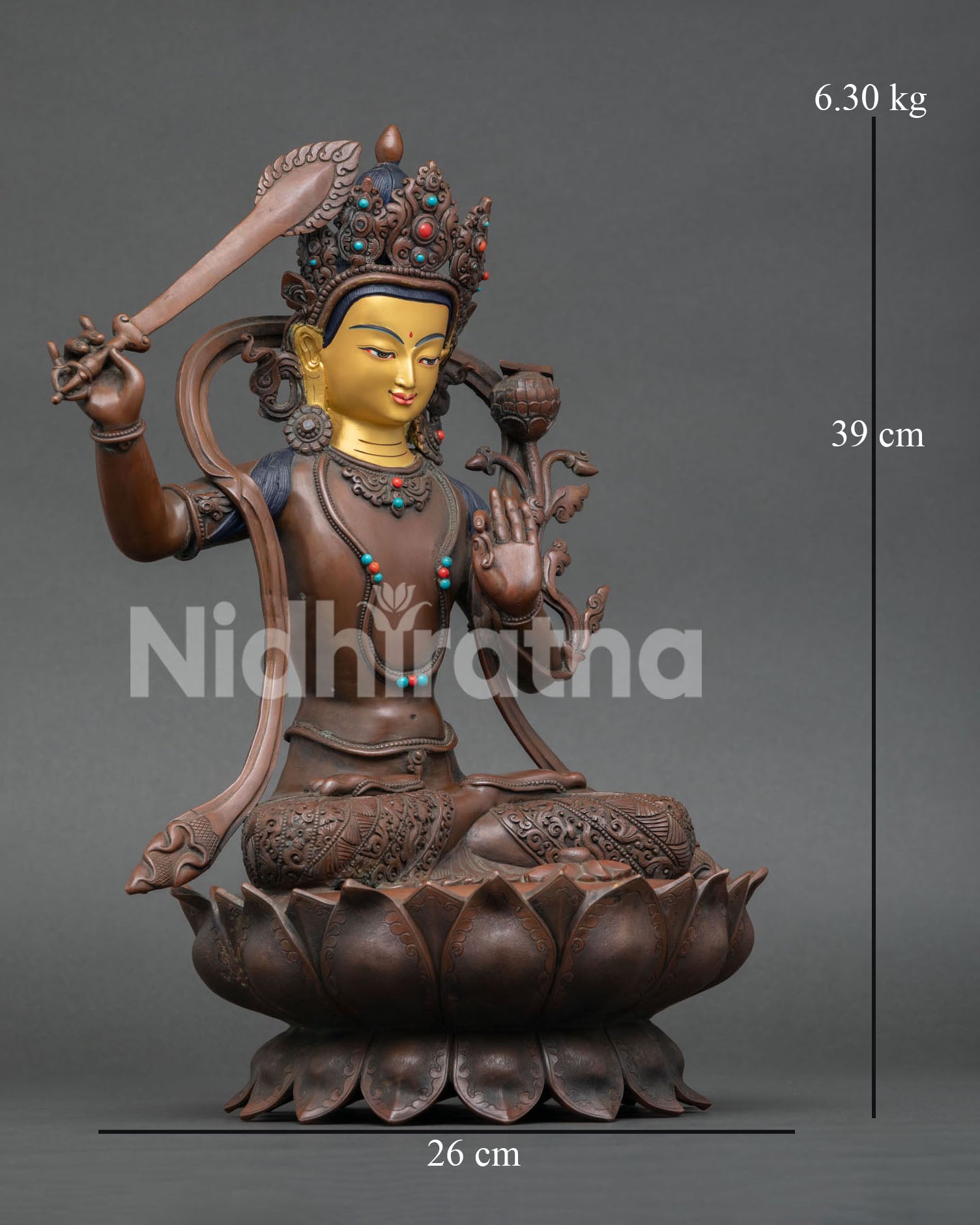 right side view of oxidized manjushri statue handcrafted in nepal