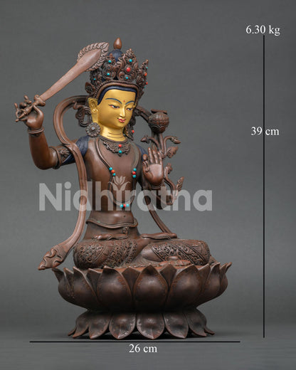 right side view of oxidized manjushri statue handcrafted in nepal