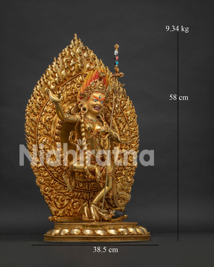 Right side view of Rare Dorje Phagmo Vajravarahi Statue with flaming halo and sacred attributes