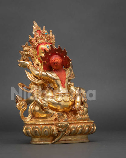 Right side view of Red Dzambhala Yab-Yum statue with 24K gold fire-gilded finish from Nepal