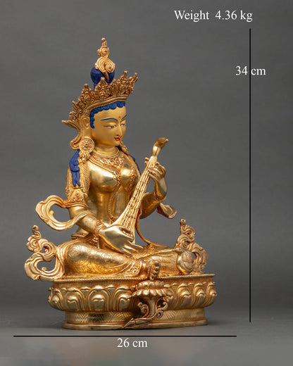 Right side view of Saraswati statue, handcrafted Nepalese copper deity sculpture