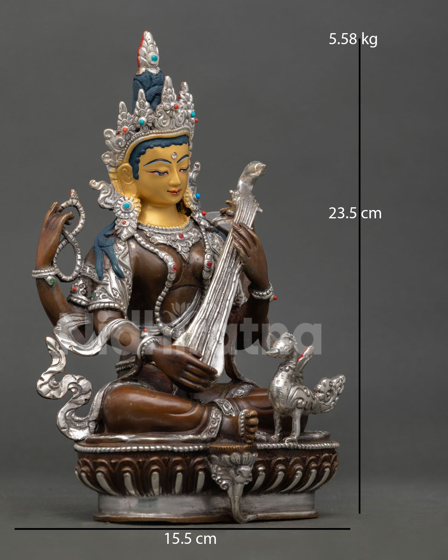 Right side view of Saraswati statue with veena, handcrafted Nepalese copper art