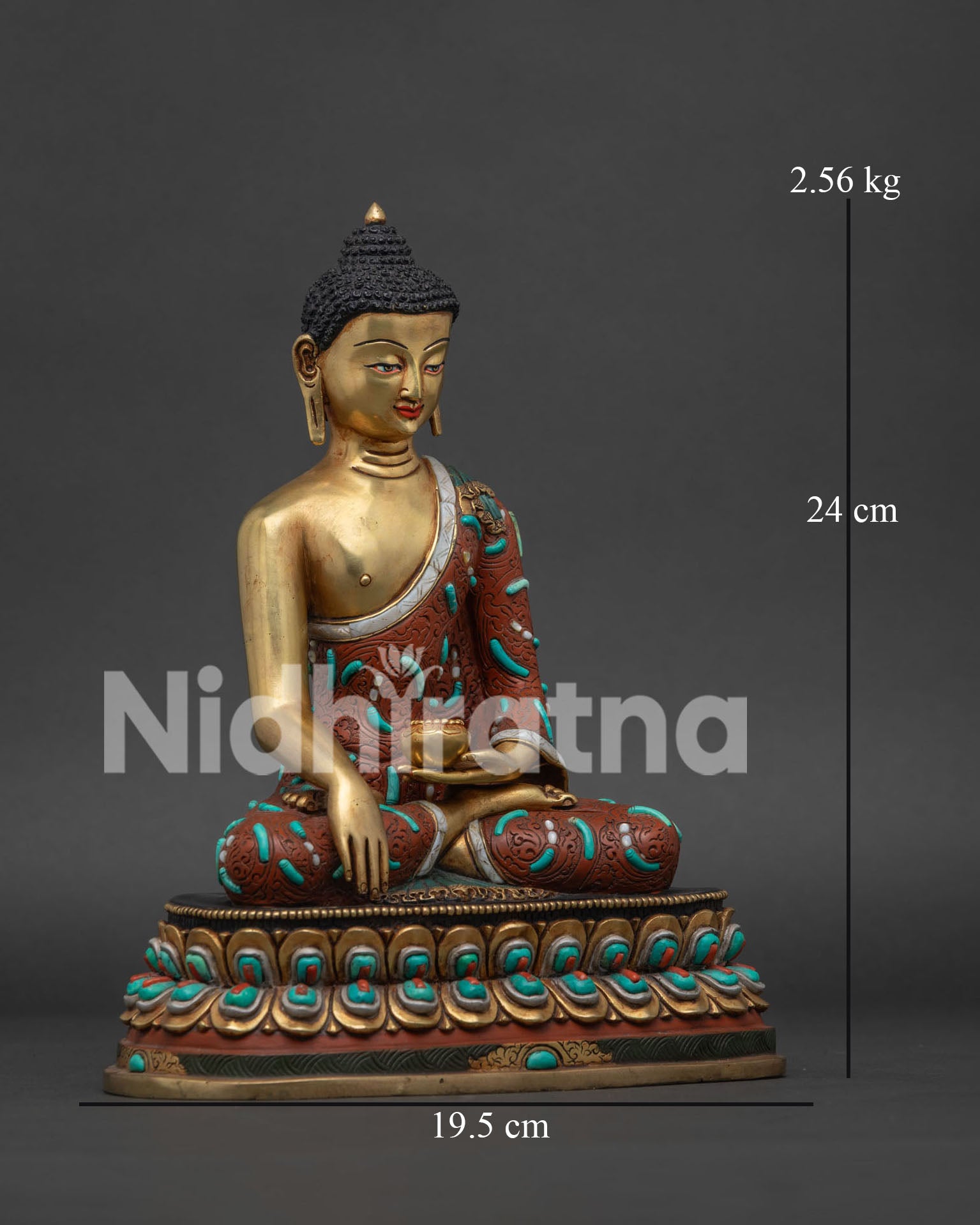 Right side view of Shakyamuni Buddha copper statue in Bhumisparsha Mudra with Patra alms bowl Nepal