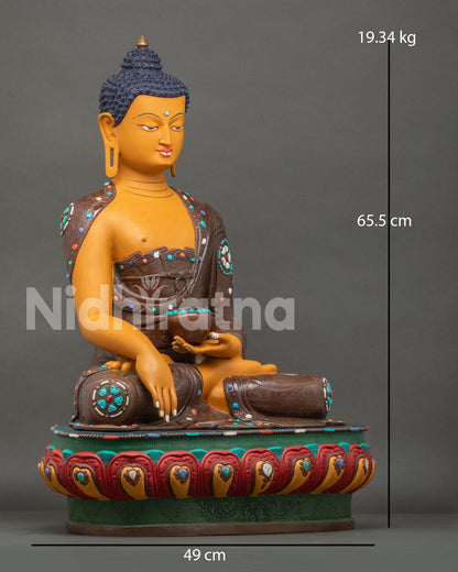 Right side view of Shakyamuni Buddha copper statue with engraved robe handcrafted in Nepal