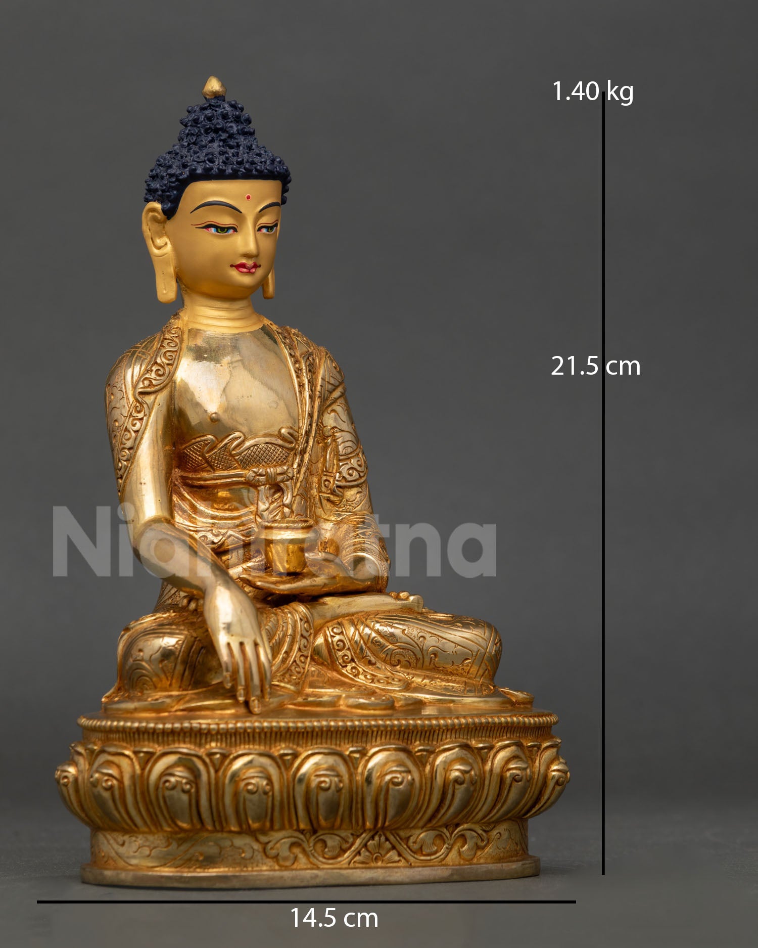 Right-side view of Shakyamuni Buddha figurine holding alms bowl, handcrafted in Nepal