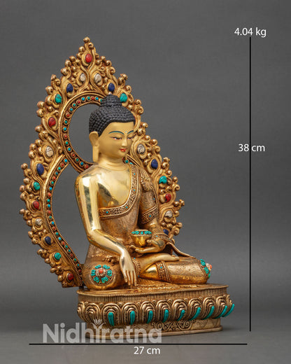 Right side view of Shakyamuni Buddha statue flowing robe lotus throne handcrafted Nepal