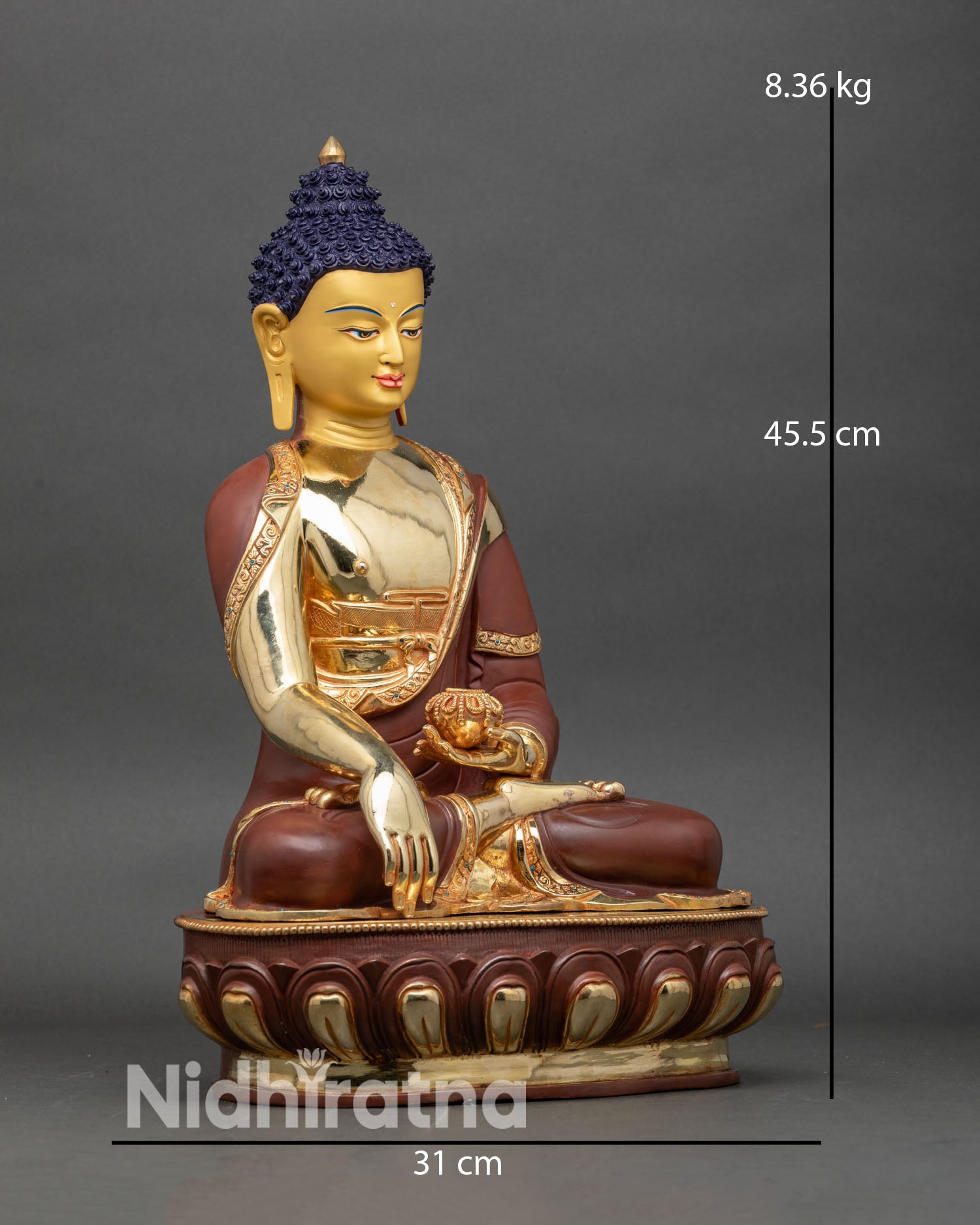 right side view of Shakyamuni Buddha statue, handmade Nepalese copper sculpture