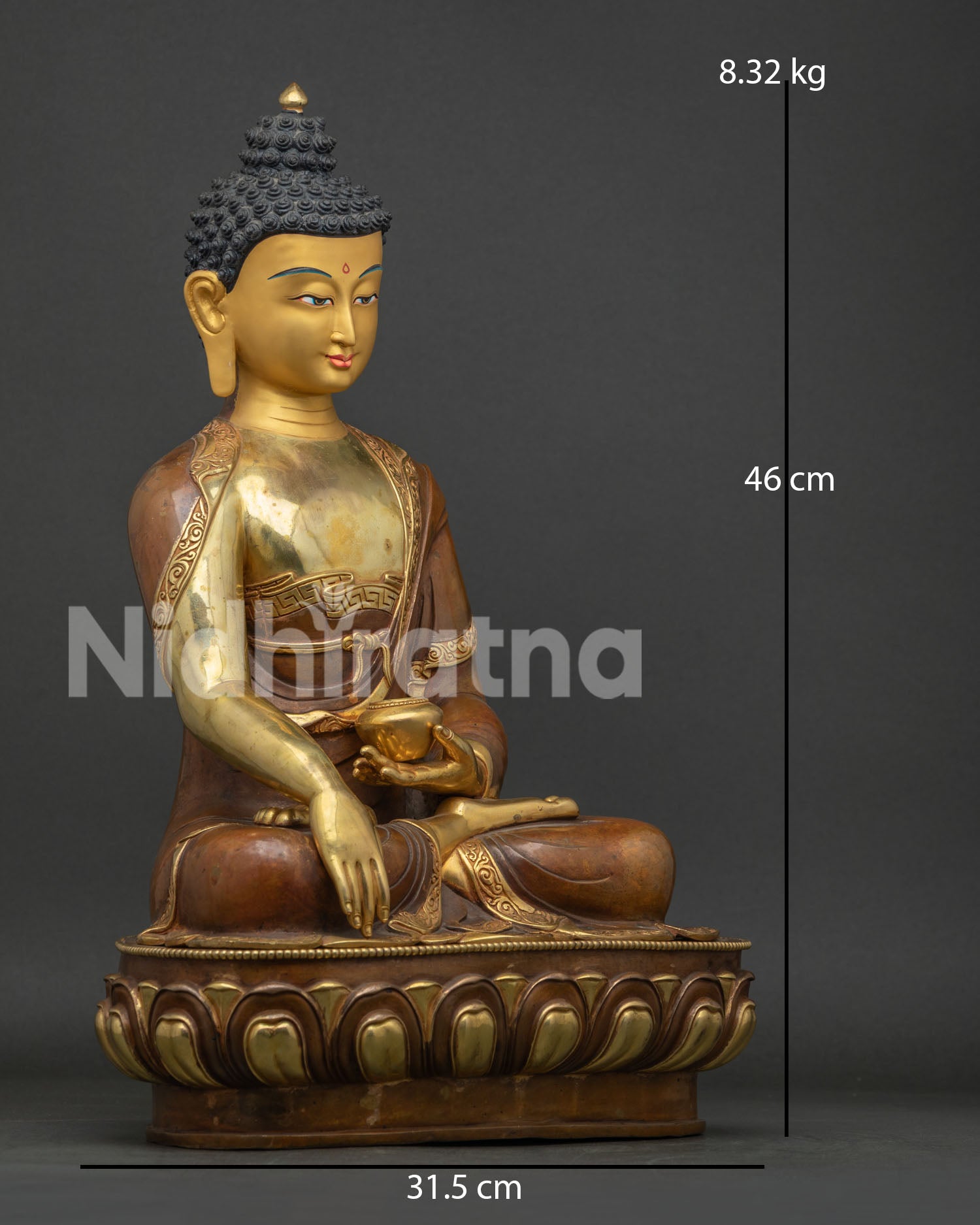 Right side view of Shakyamuni Buddha statue in copper with gold finish