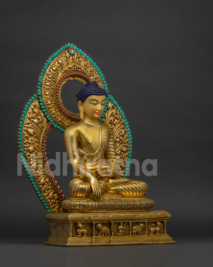 Right side view of Shakyamuni Buddha statue in earth-touching bhumisparsha mudra