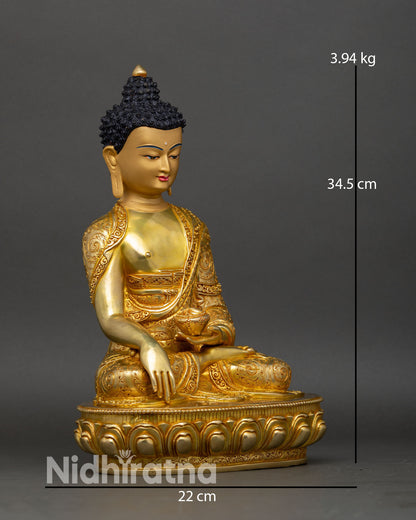 Right side view of Shakyamuni Buddha statue seated in earth-touching mudra on lotus