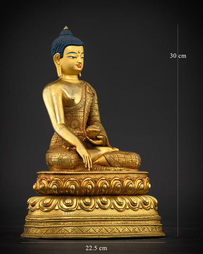 Right side view of Shakyamuni Buddha Statue seated on a double lotus throne