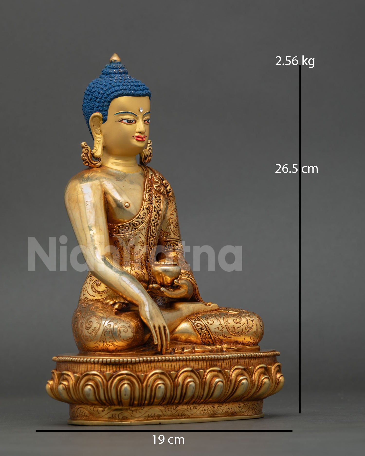 right side view of shakyamuni buddha statue seated on lotus throne, copper alloy gold finish nepal