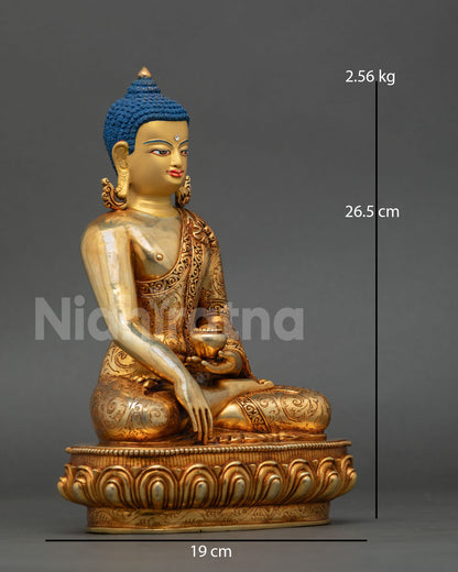 right side view of shakyamuni buddha statue seated on lotus throne, copper alloy gold finish nepal