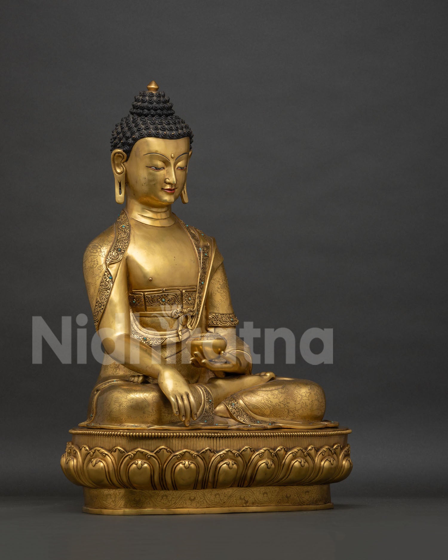 Right side view of Shakyamuni Buddha Statue, solid copper lost-wax casting