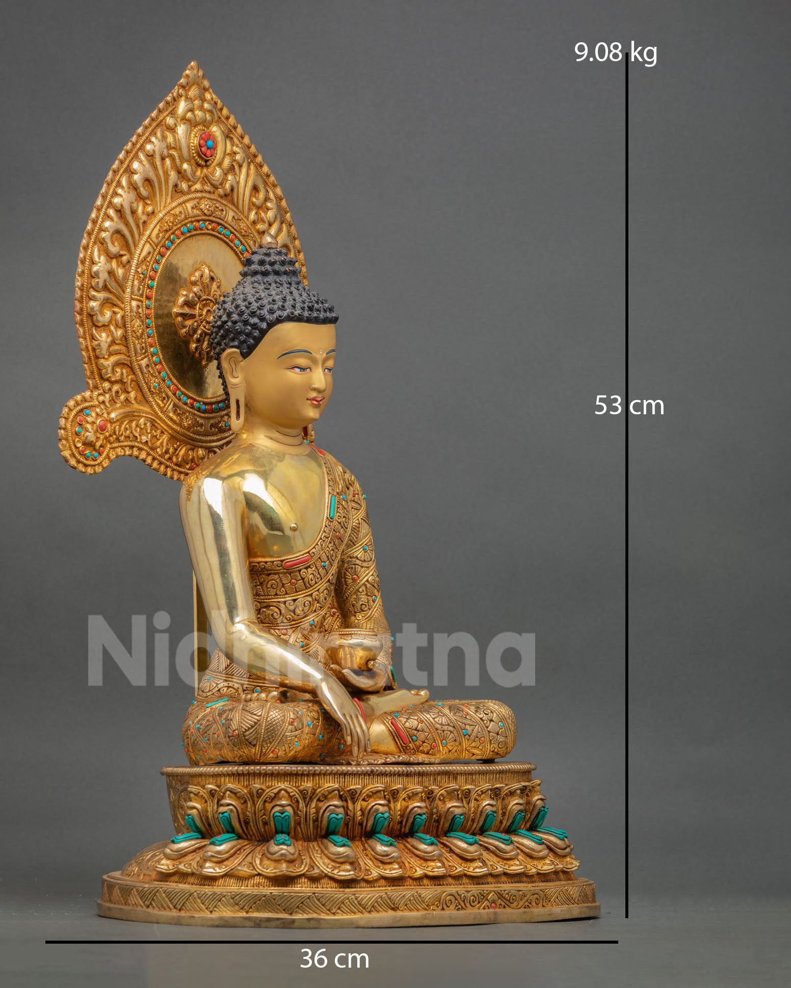 right side view of shakyamuni buddha statue with halo and earth touching mudra