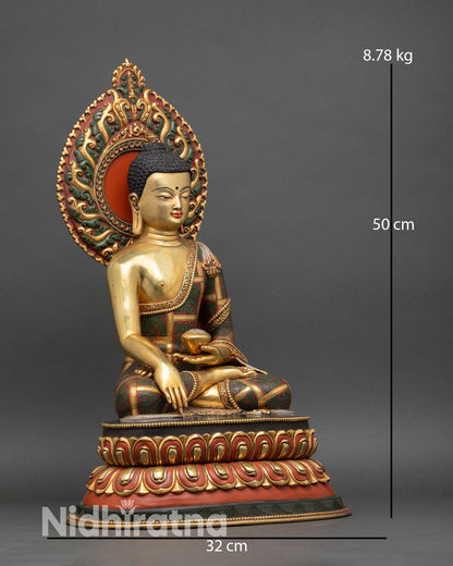 right side view of shakyamuni buddha statue with torana and lotus throne detail
