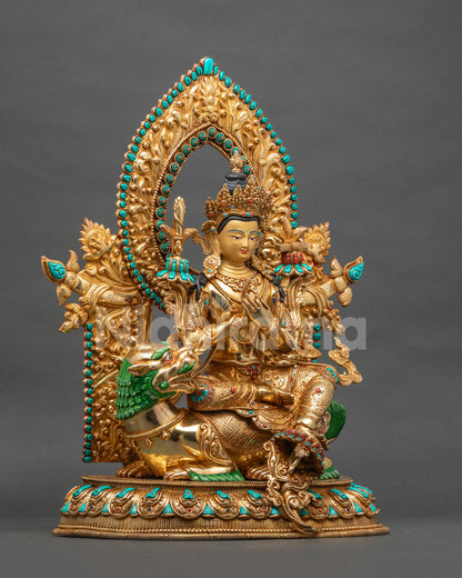 Right side view of Simhanada Manjushri statue on Snow Lion and lotus seat, handcrafted in Nepal