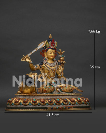 Right side view of Simhanada Manjushri statue with snow lion companion