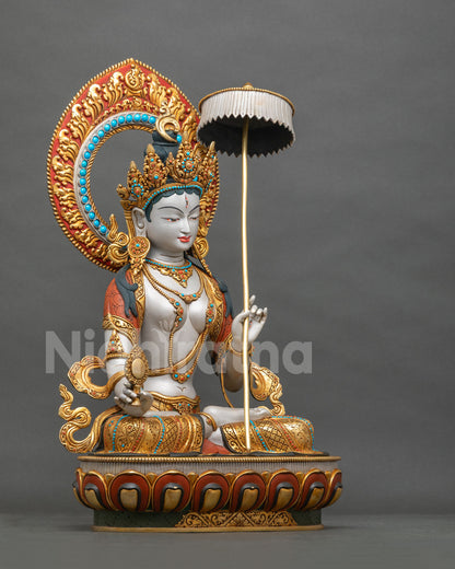 Right side view of Sitatapatra Dukkar statue with white parasol and lotus base, handmade in Nepal