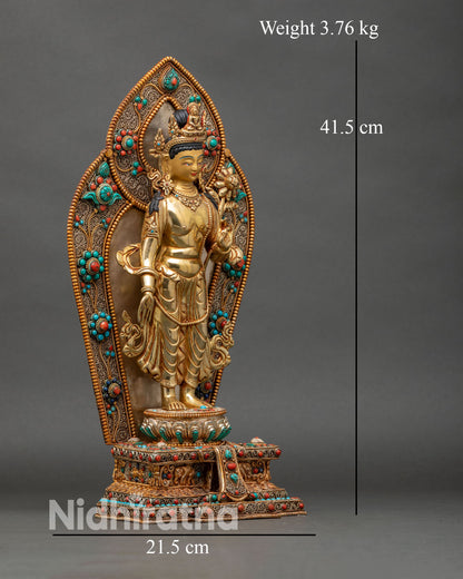 Right side view of Standing Chenrezig statue, copper craftsmanship with lotus pedestal