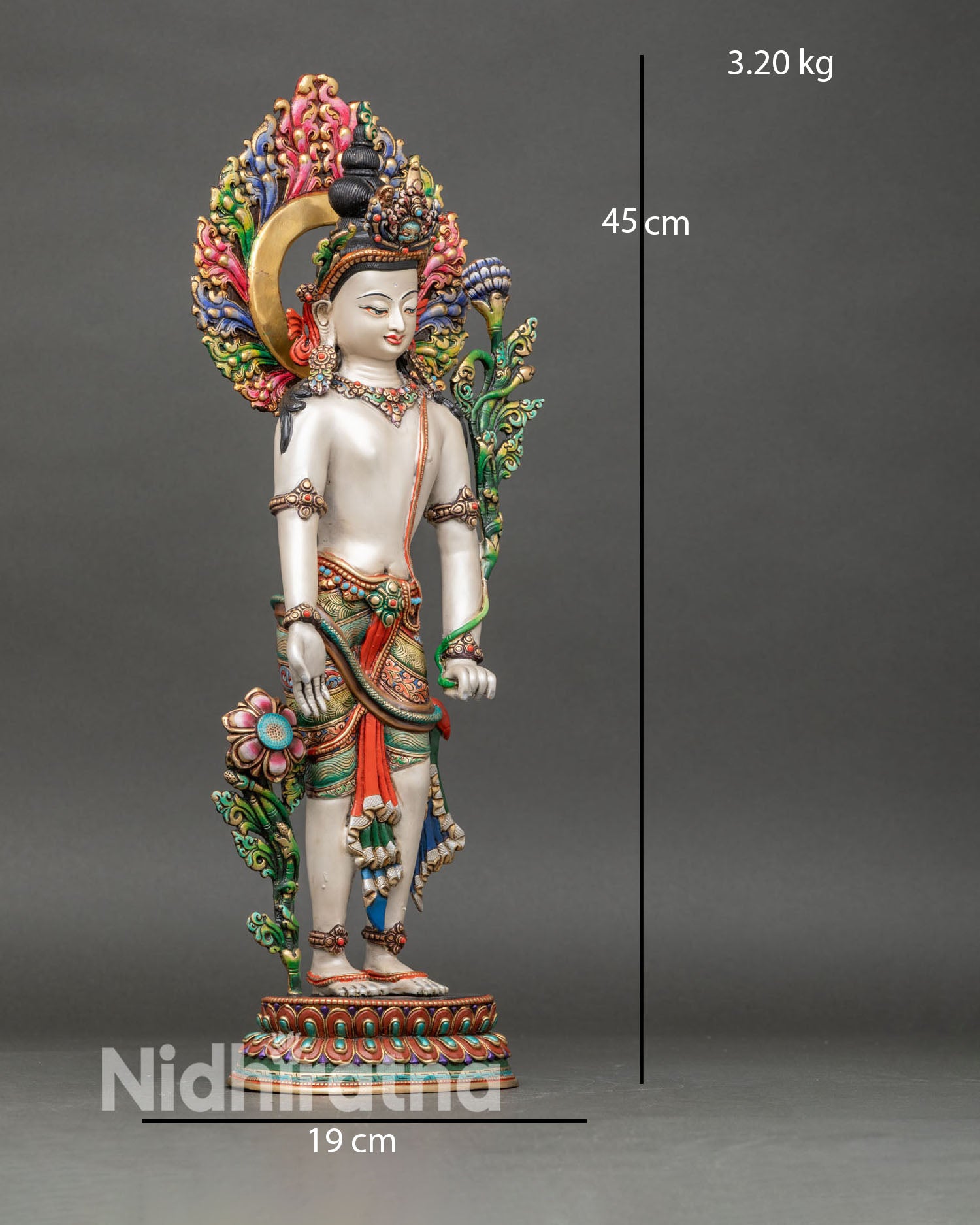 right side view of standing chenrezig statue hand-painted copper with gold gilding