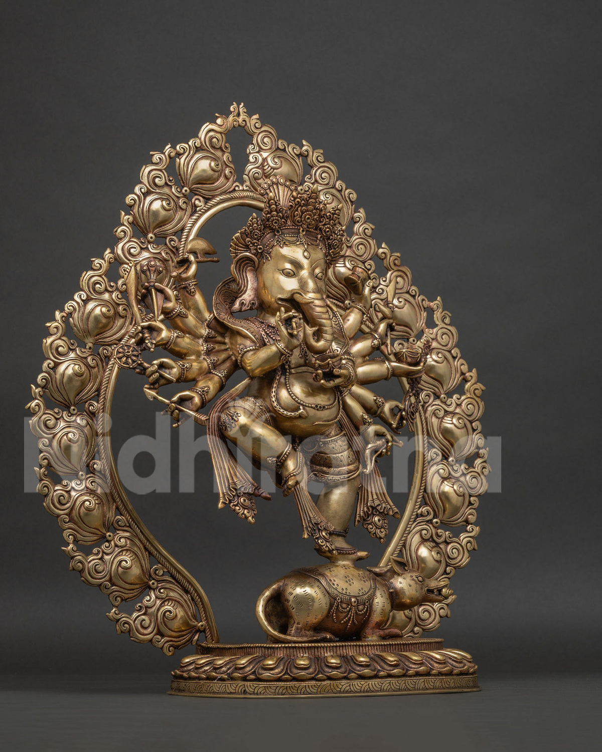 Right side view of standing Ganesh statue in pure copper finish