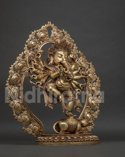 Right side view of standing Ganesh statue in pure copper finish