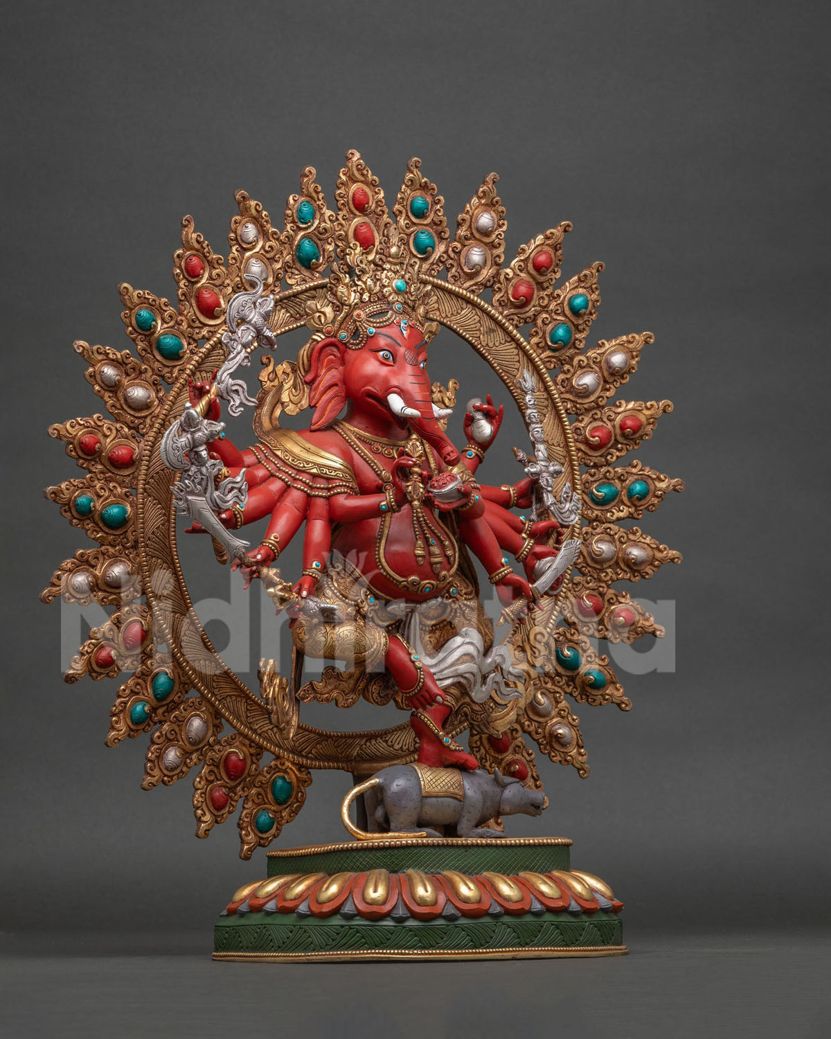 Right side view of standing Ganesha statue with hand carved halo