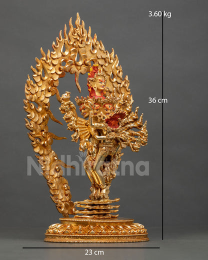 Right Side View of Standing Hevajra Statue with Blazing Aureole and Consort Nairatmya