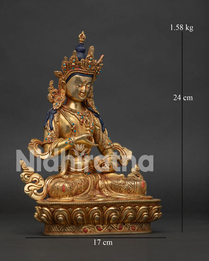 Right side view of the seated Dorje Sempa sculpture on lotus base, displaying detailed royal garments.