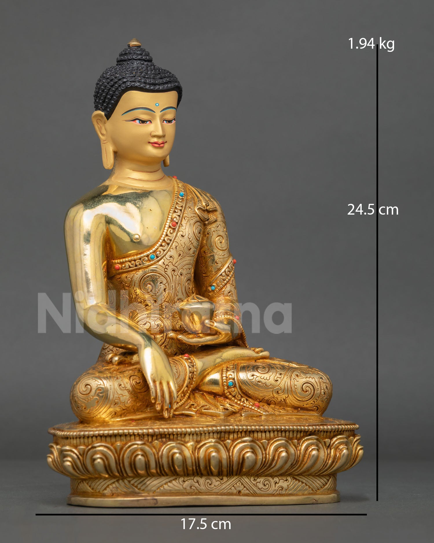 Right side view of the Shakyamuni Buddha statue showing the Bhumisparsha Mudra earth-touching gesture.