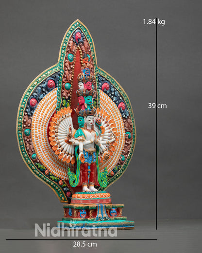 Right Side View of Thousand Armed Chenrezig Statue Handmade in Nepal