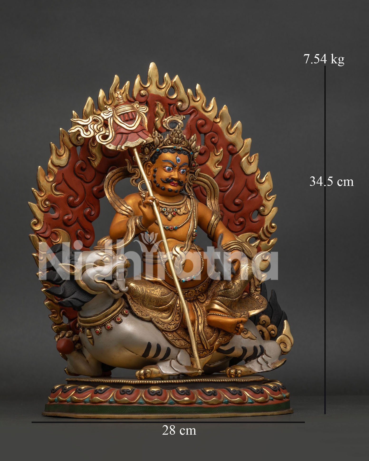 Right side view of Tibetan Namtoshe statue holding victory banner on snow lion
