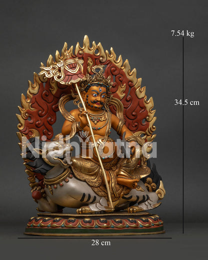 Right side view of Tibetan Namtoshe statue holding victory banner on snow lion