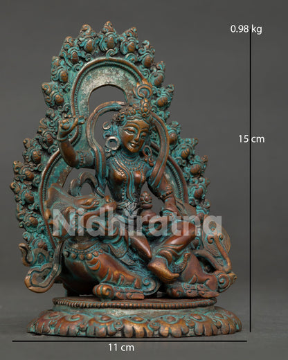 right side view of tseringma statue handcrafted copper buddhist sculpture