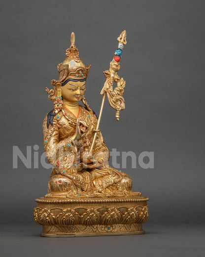 Right side view of Tsokye Dorje statue, copper Guru Rinpoche figurine with 24K gold fire-gilding