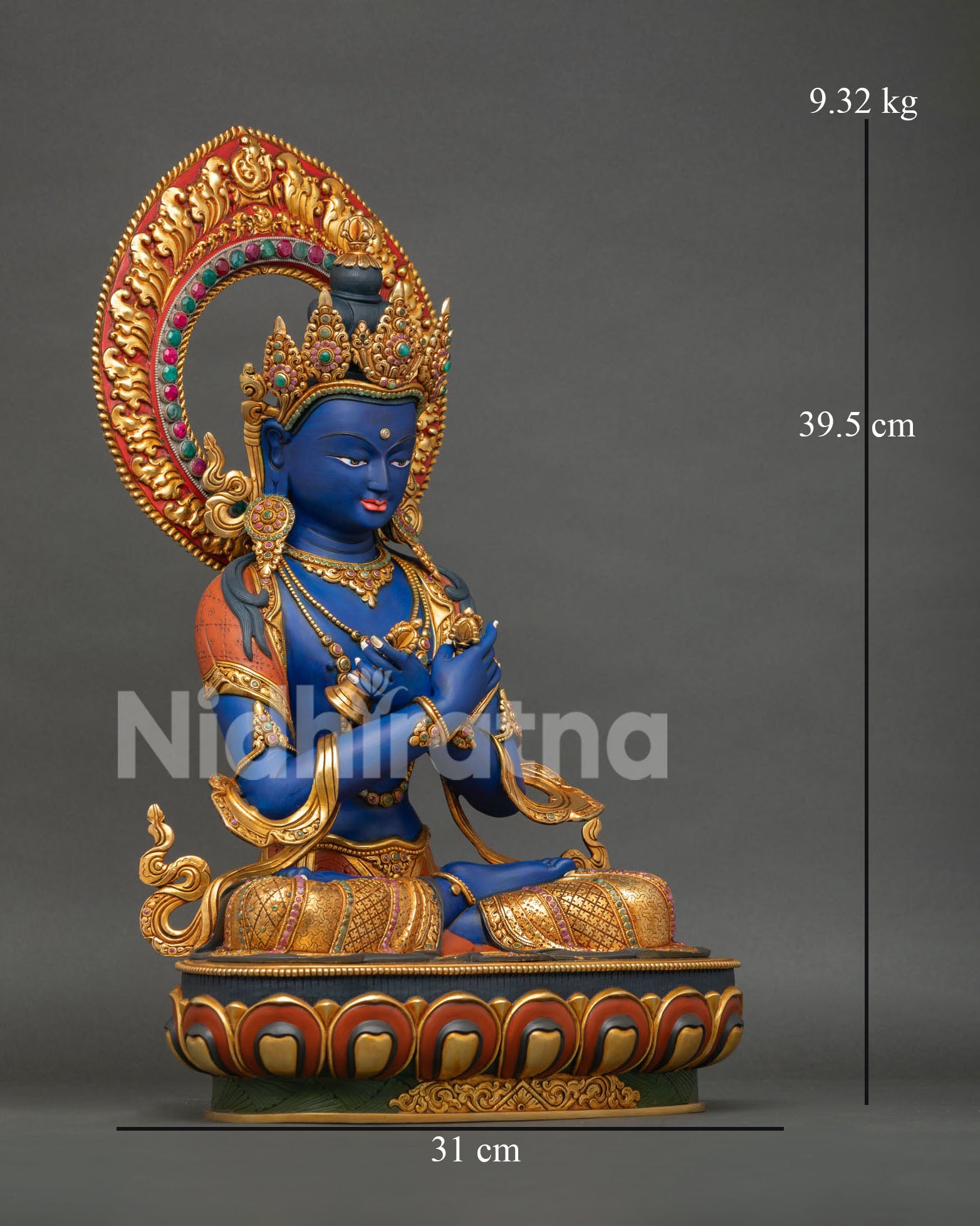 Right side view of Vajradhara Statue with gemstone halo and copper artistry