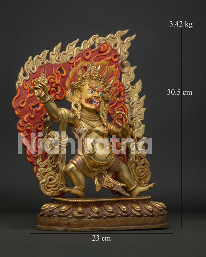 Right Side View of Vajrapani Statue with Vajra and Lotus Base Handcrafted in Nepal