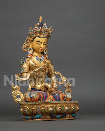 Right side view of Vajrasattva Dorje Sempa statue seated on lotus base, copper with 24K gold from Nepal