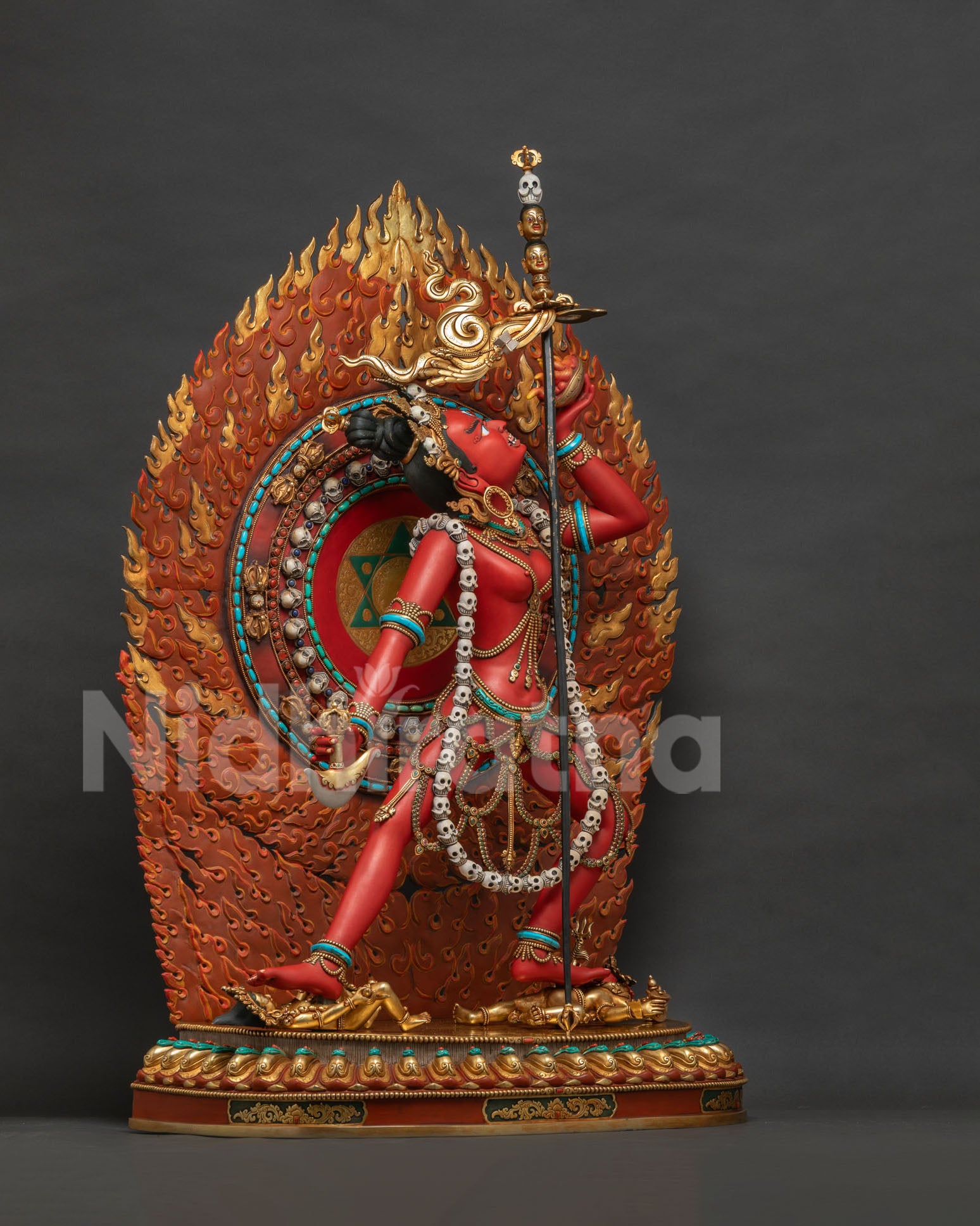 Right side view of Vajrayogini statue, gold fire-gilded copper finish