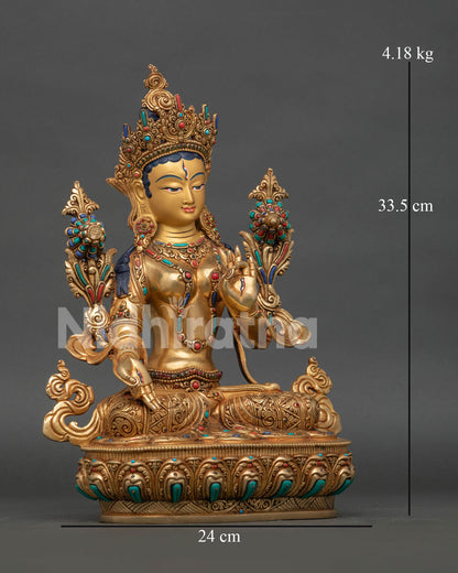 right side view of white tara statue handcrafted by newari artisans in nepal