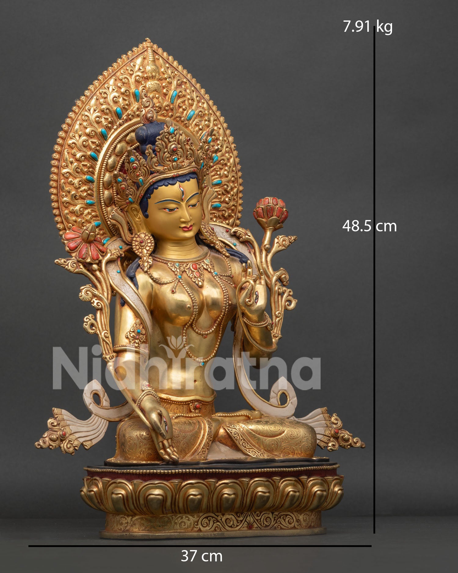 White Tara Statue Right Side View with Lotus Throne and Handcrafted Himalayan Artistry