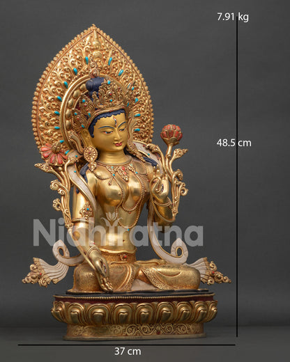 White Tara Statue Right Side View with Lotus Throne and Handcrafted Himalayan Artistry