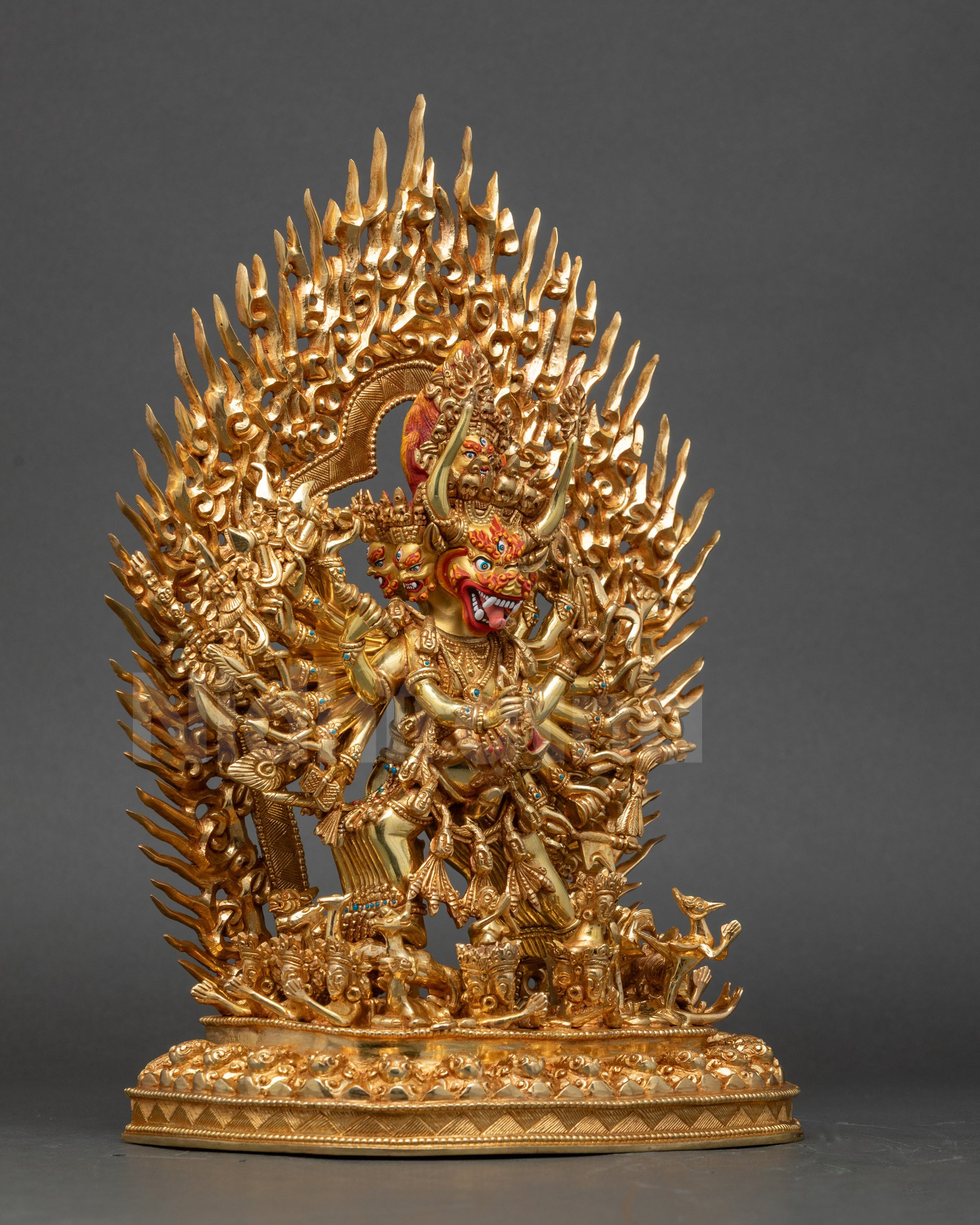 Right side view of Yamantaka Vajrabhairava statue standing on lotus base