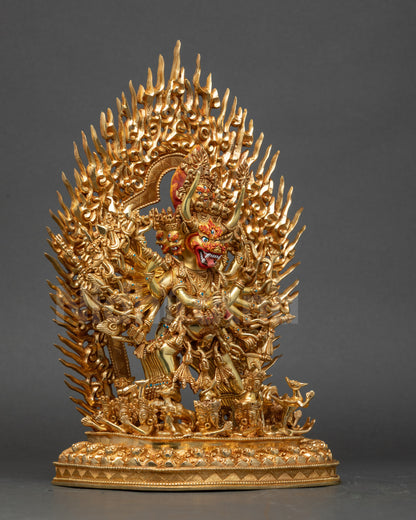 Right side view of Yamantaka Vajrabhairava statue standing on lotus base