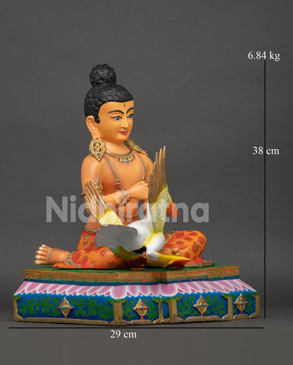 Right side view of Young Buddha Saving the Swan handcrafted copper Buddha statue