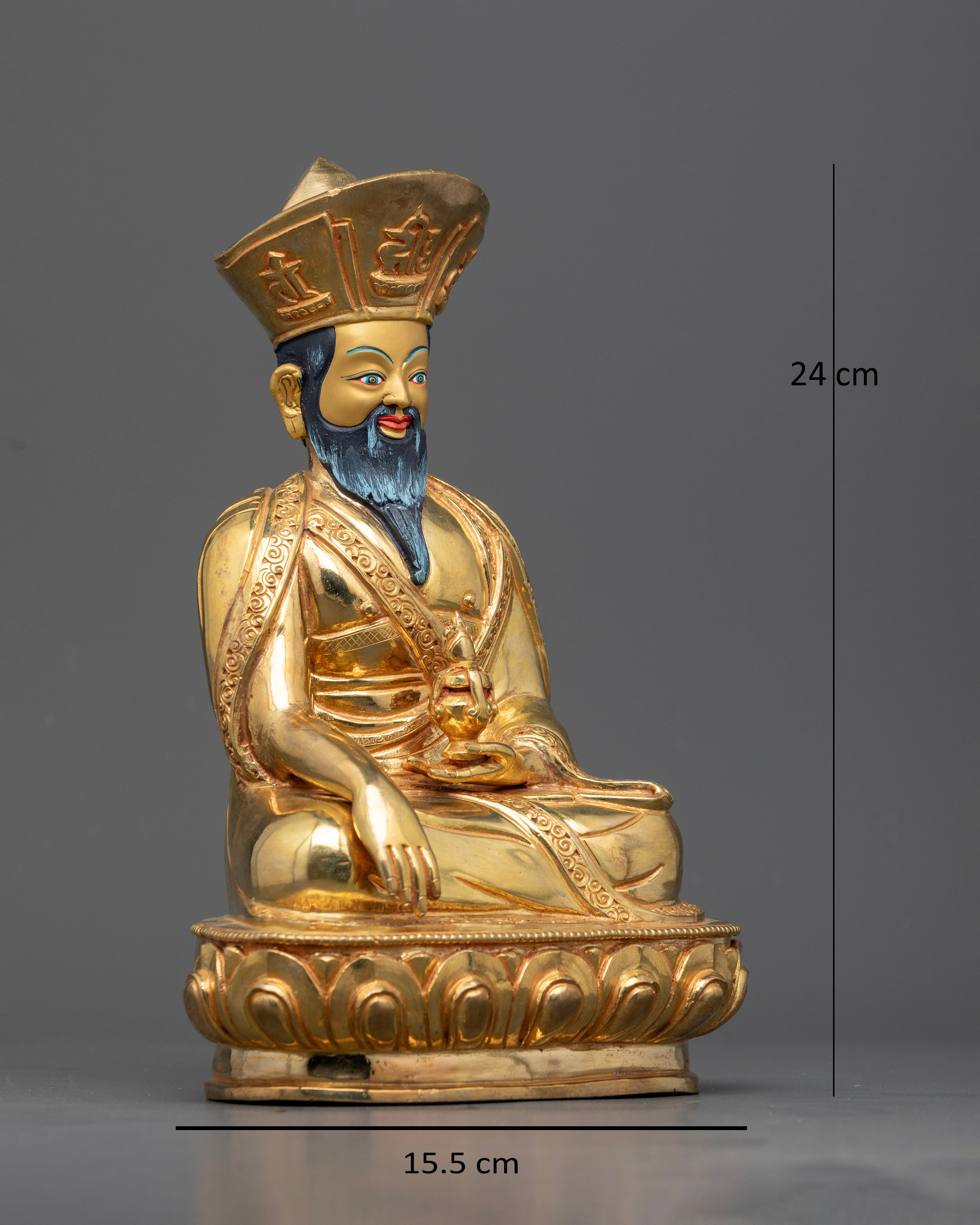 Right side view of zhabdrung ngawang namgyal statue displaying ceremonial hat, robes, and protective symbolism